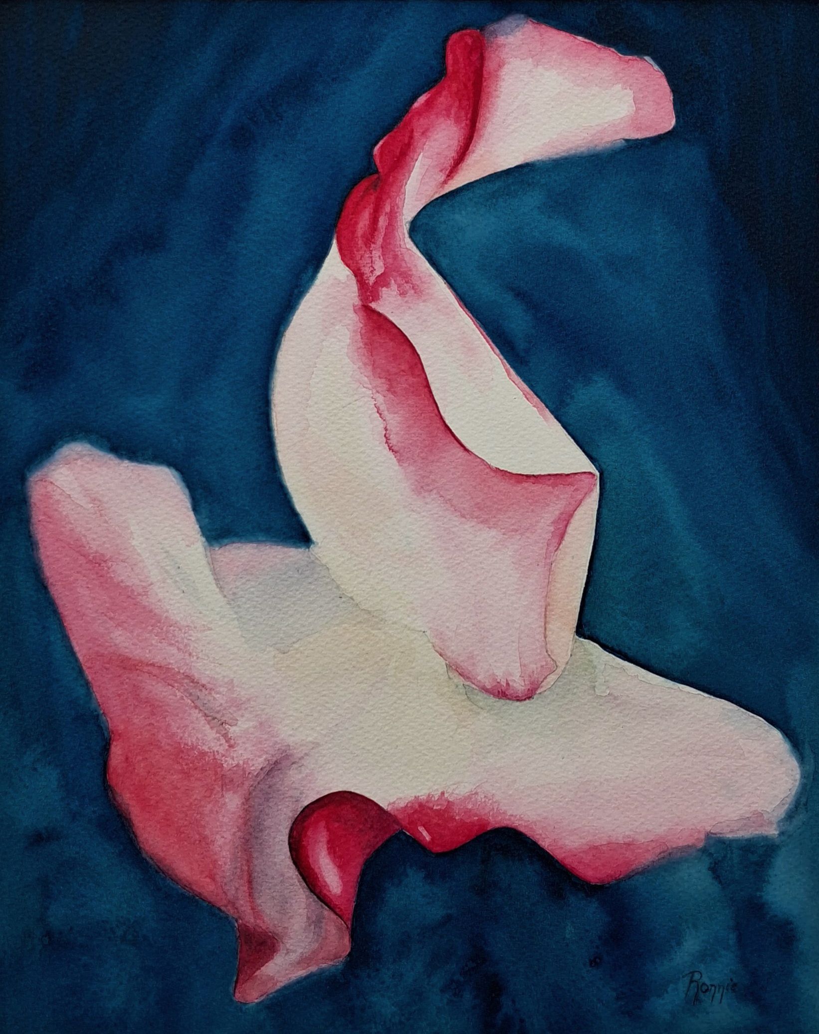 Sculptural Silence VIII – Dance, een hedendaagse aquarel waarin bloemvormen oplossen in licht en beweging.
