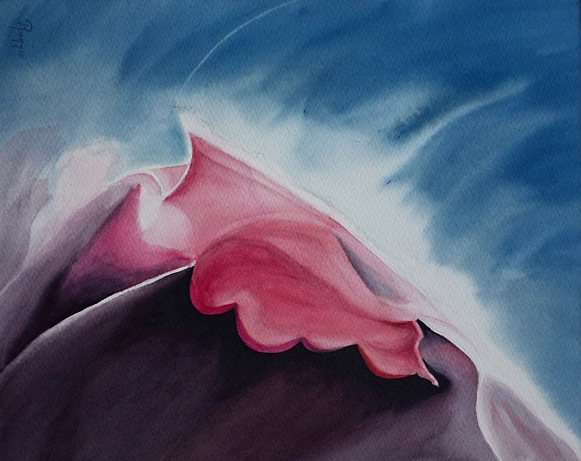Sculptural Silence X — Tide, een liggende oriëntatie abstracte aquarel in blauwe,- roze- en aubergine tinten.