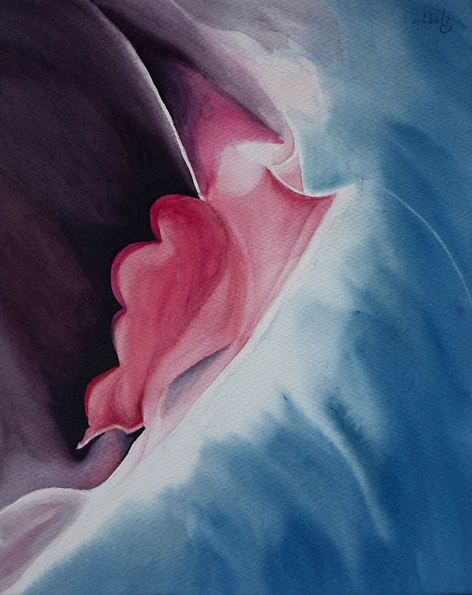 Sculptural Silence X — Tide, liggende oriëntatie omgekeerd van abstracte aquarel in blauwe,- roze- en aubergine tinten.