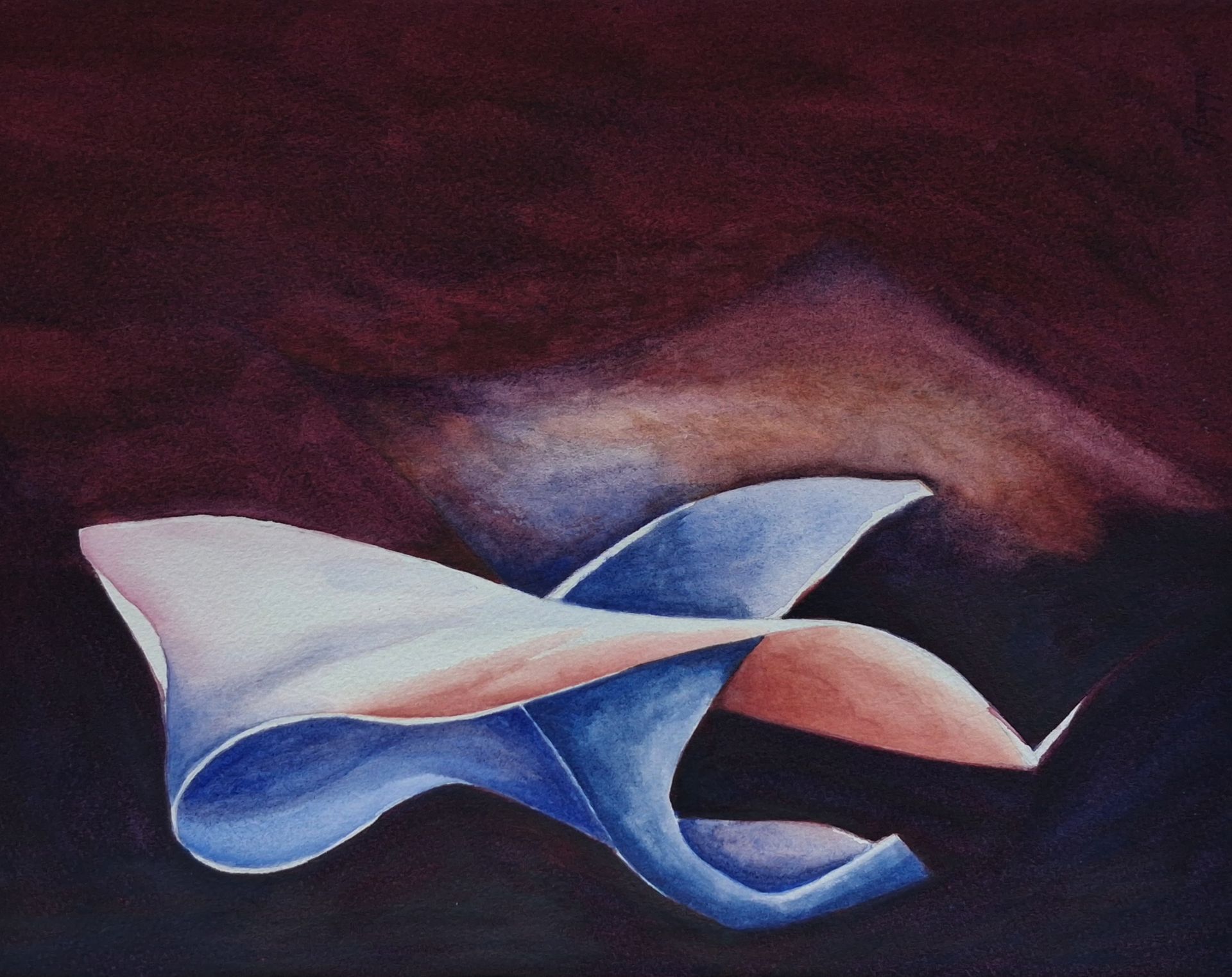 5.	Aquarel van een open, beschermende vorm die zweeft tussen licht, schaduw en stilte. 