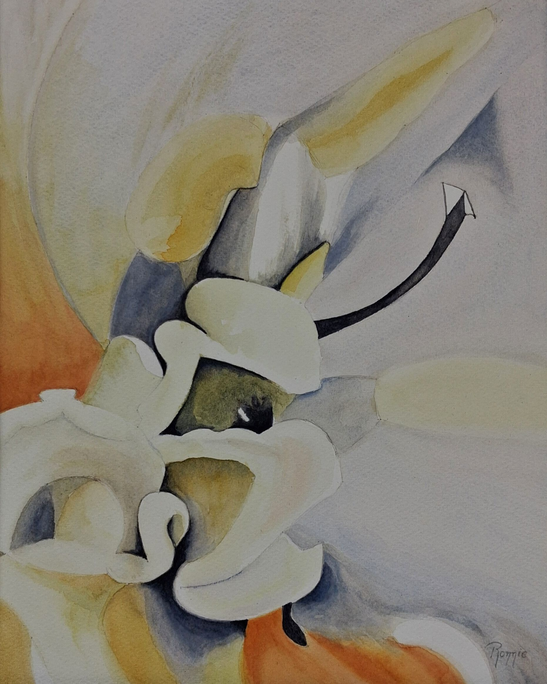 Een nadere blik → Sculptural Silence XI Veiled Passage, aquarel met abstracte bloemkern als onderdeel van een verstilde innerlijke beweging