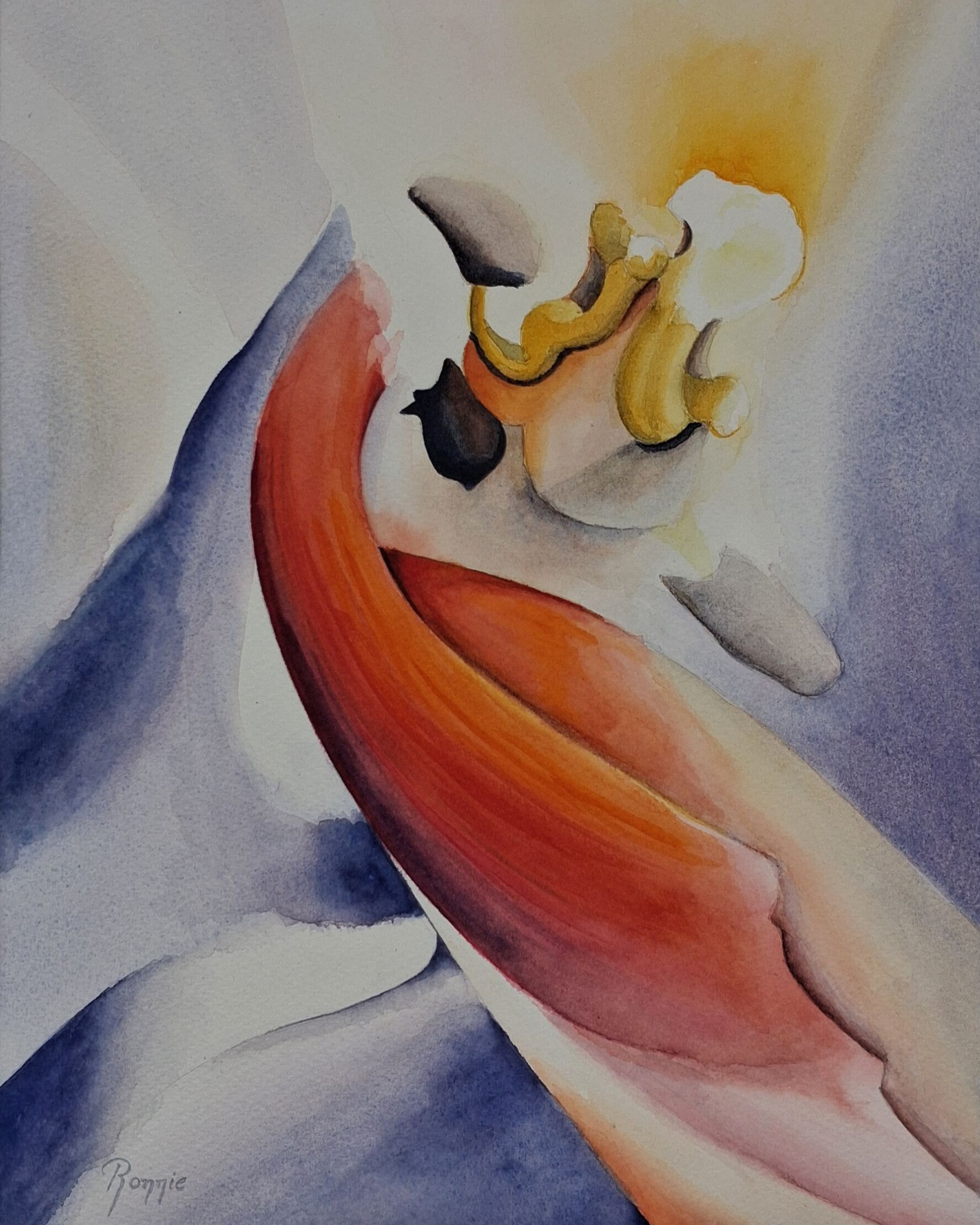Een nadere blik → Abstracte aquarel met gloeiende rood-oranje vorm, zachte blauwe schaduwen en lichtgevende bloemkern.