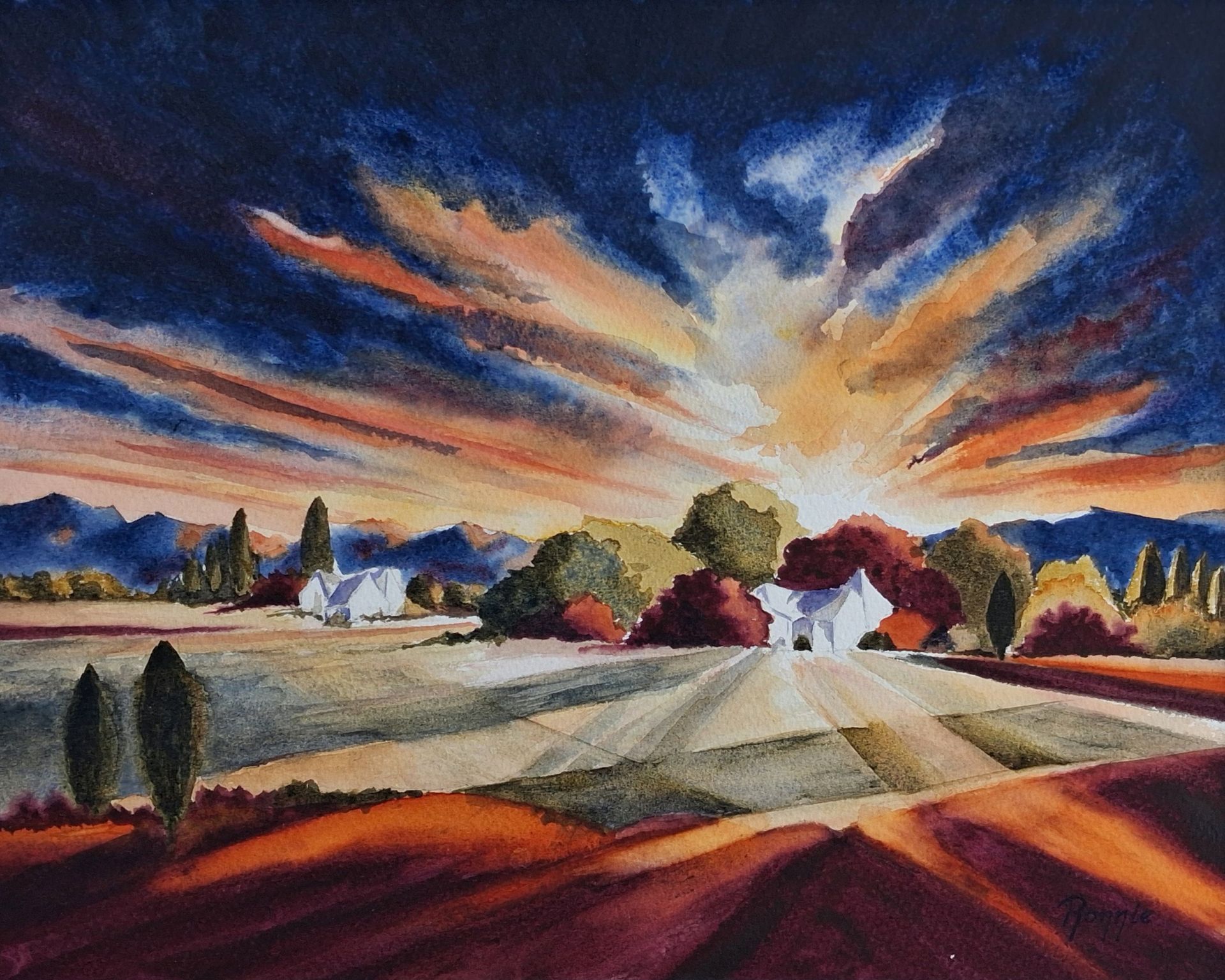 Expressief aquarellandschap met vurige lucht, witte huizen en velden in rood, goud en diepblauw.