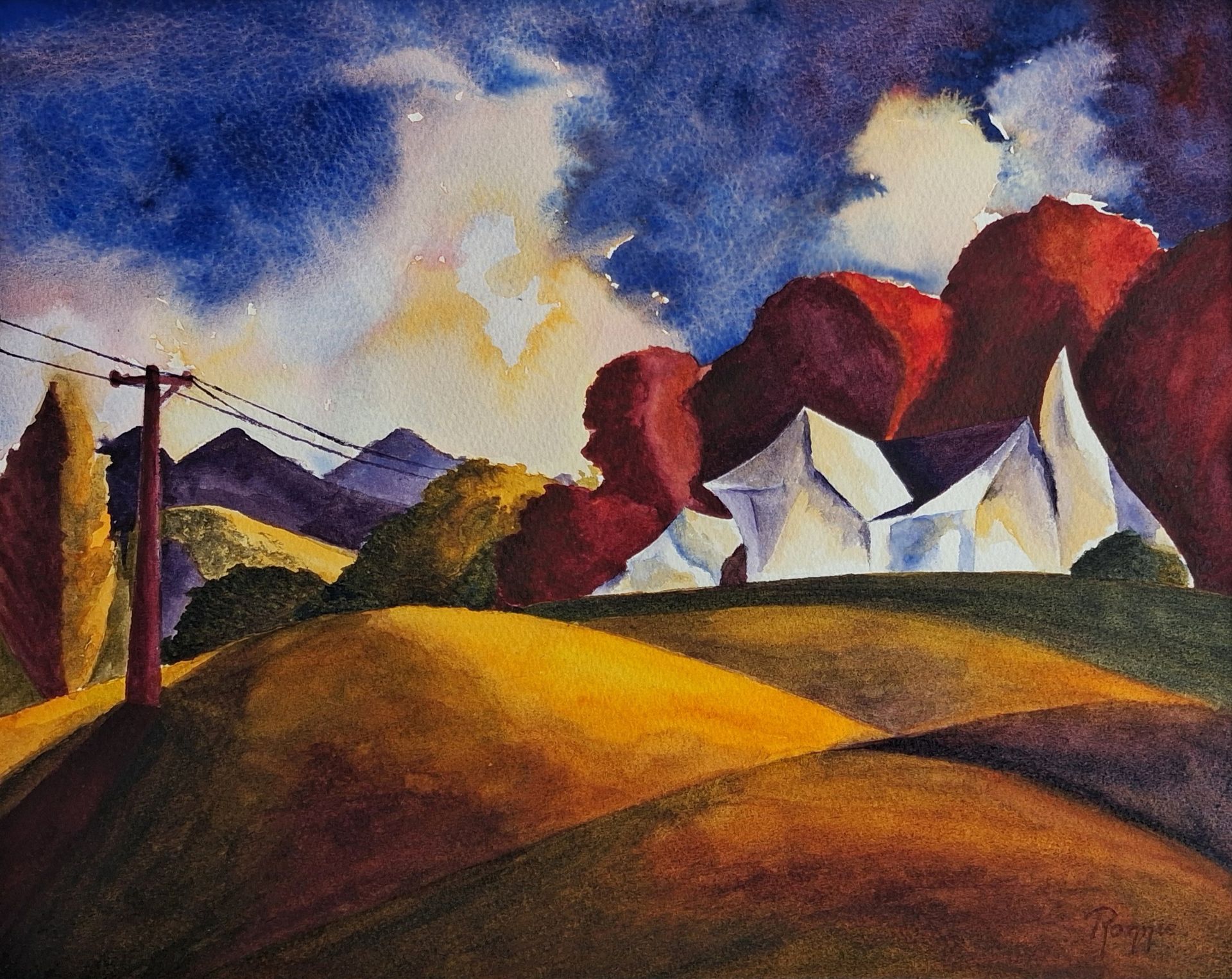 Expressief landschap in aquarel met dreigende lucht, lichte huizen en warme rode en gouden kleurvlakken.