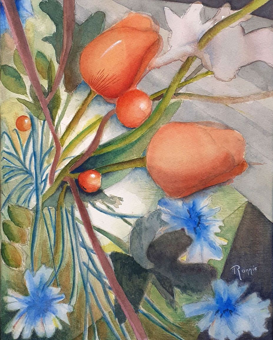 Verbinding, aquarel met verweven takken, bloemvormen en vloeiende lijnen waarin samenhang en beweging zichtbaar worden