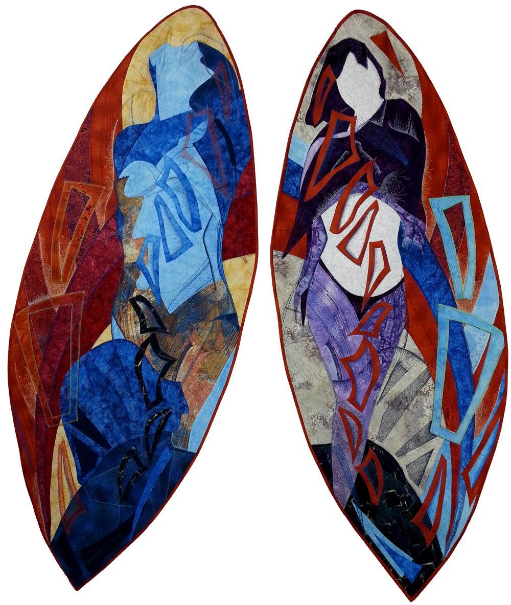 Keerzijde | Woman, abstract textielwerk met gestileerde vrouwelijke vormen in blauw en rood
