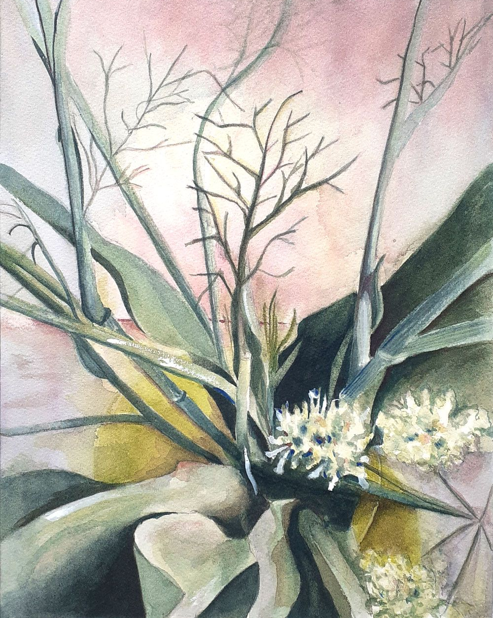 Zoals bladeren luisteren, aquarel met bladeren en vertakkingen waarin stilte, aandacht en subtiele beweging voelbaar zijn