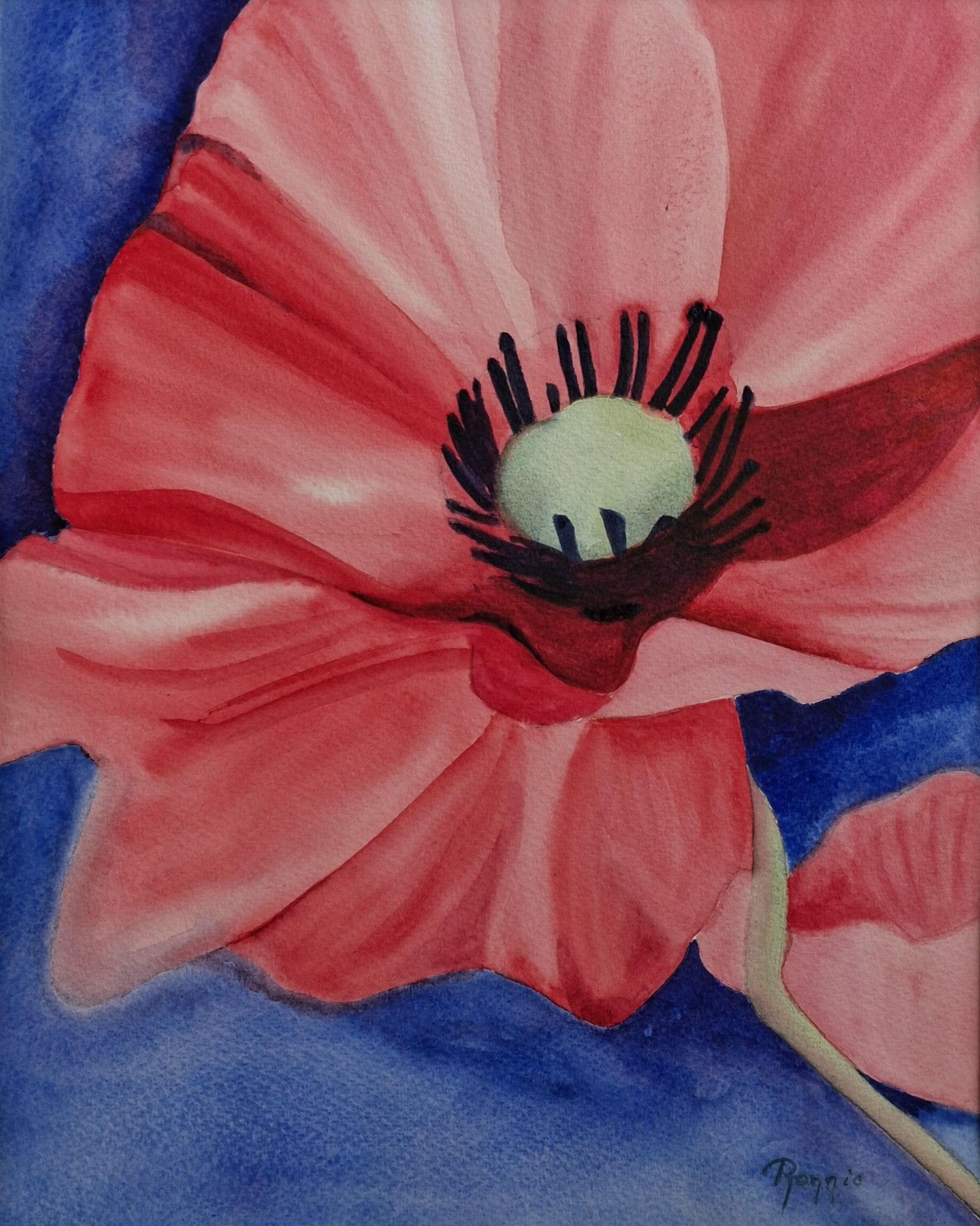 Aquarel met abstracte bloemvorm in blauw en roze, Inner Bloom XI Quiet Turning