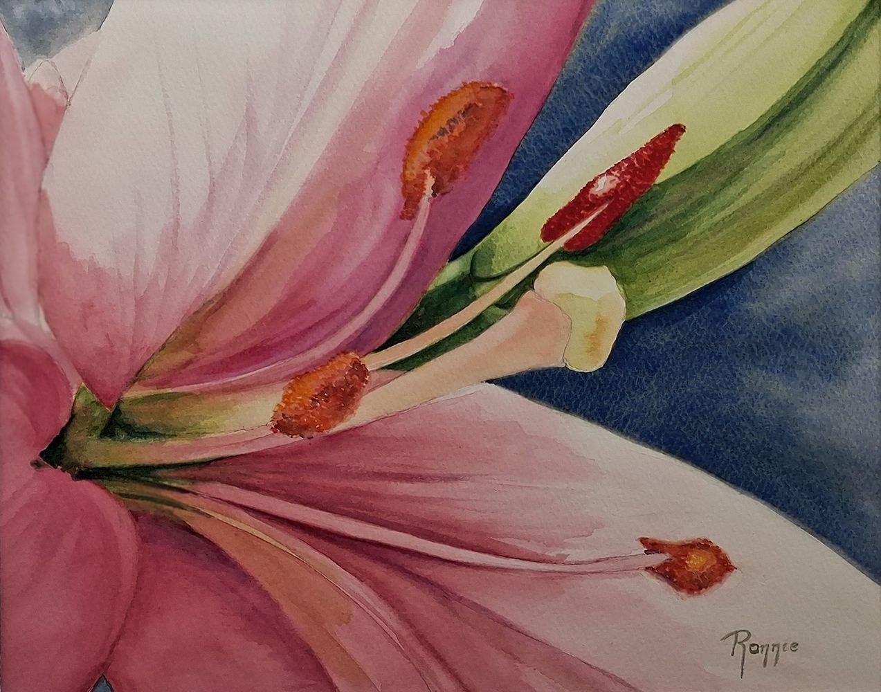 Inner Bloom II Tender Opening, aquarel van een bloemdetail waarin zachte vormen zich openen in licht en kleur