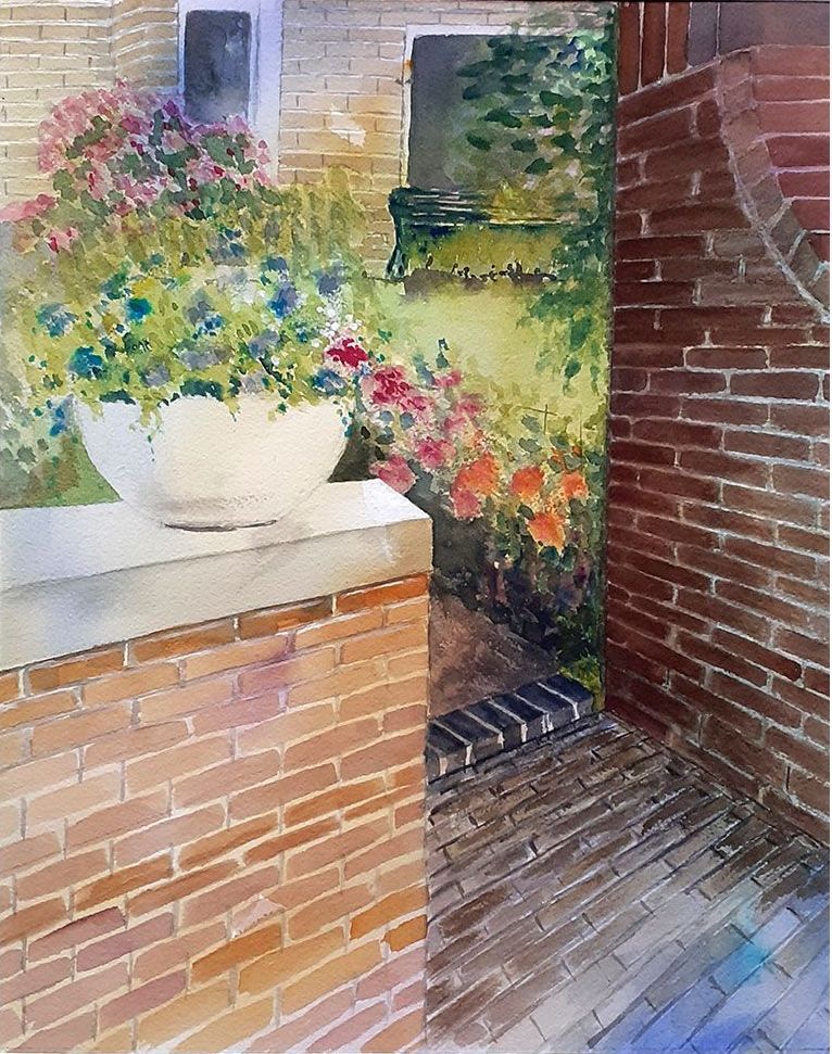 Aquarel van een tuindoorkijkje