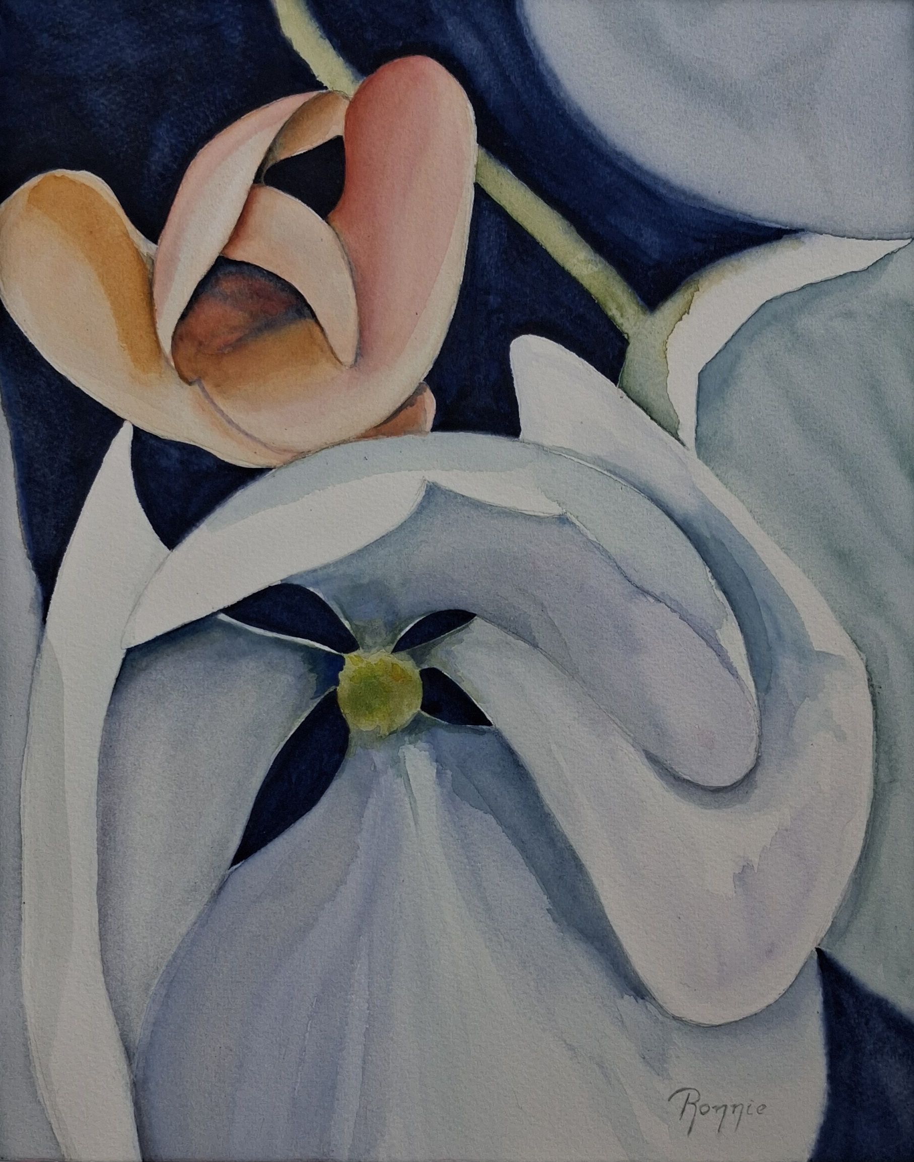 Inner Bloom VI Nearness, aquarel met vloeiende bloemvormen die elkaar benaderen in een stille, intieme ruimte