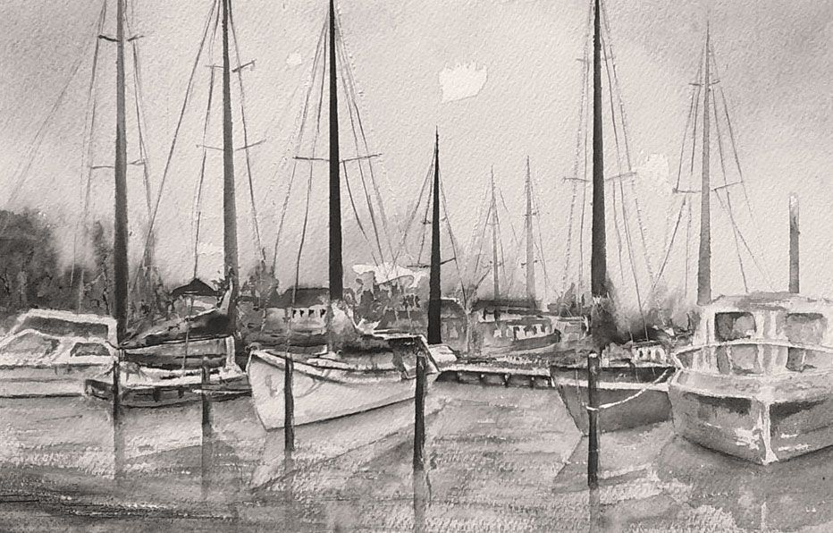 aquarel van een haventje