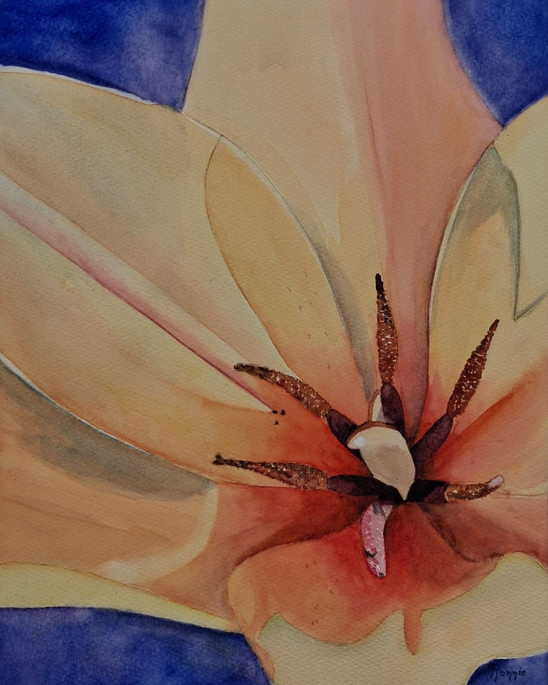 Aquarel met warme geel-oranje bloem en donkere kern, Inner Bloom X Quiet Centering