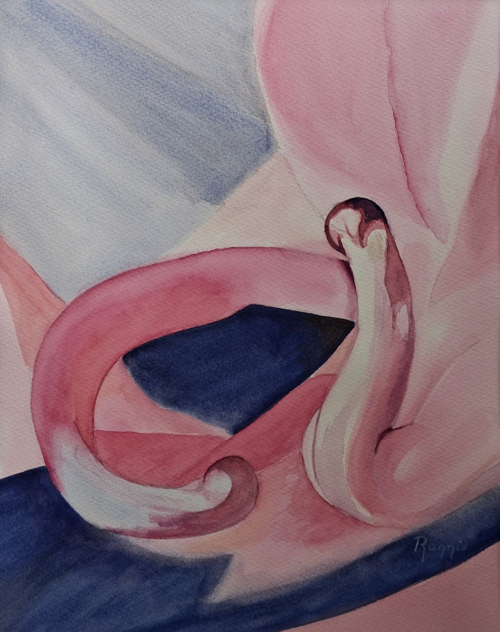 Inner Bloom V Turning Inward, aquarel met vloeiende vormen die zich naar binnen keren in een verstilde ruimte