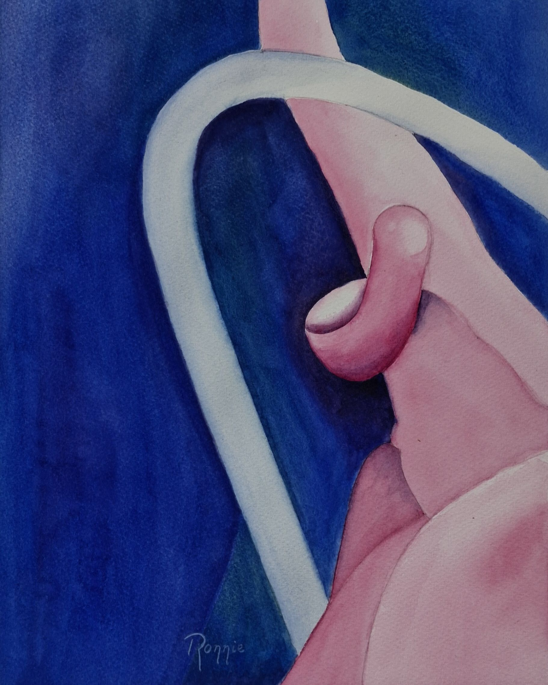 Aquarel met roze en blauwe vormen die zich naar binnen buigen, Inner Bloom VII Holding Within
