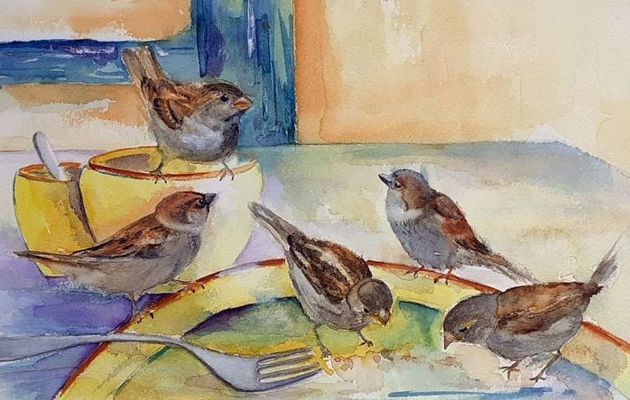 Aquarel mussen op het terras