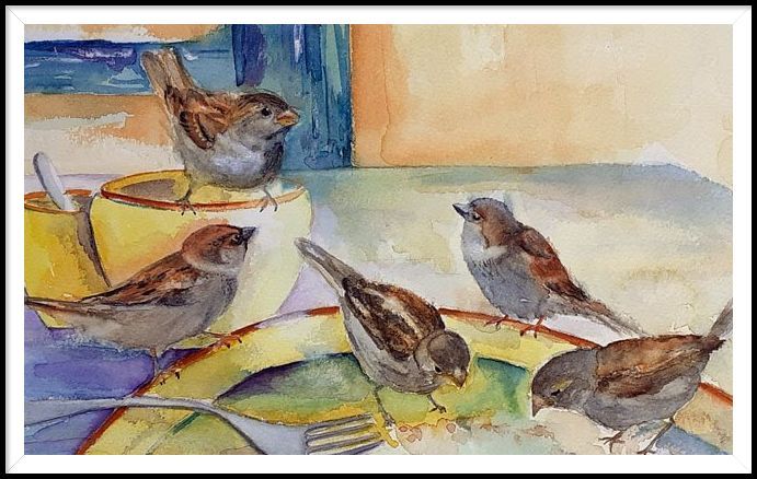 Aquarel: mussen op een terras