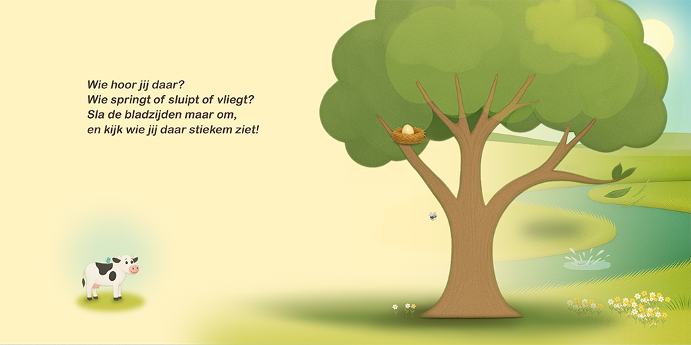 Detailpagina van kinderboek Wie hoor jij daar? met boom, nest, koe en speels landschap in zachte kleuren