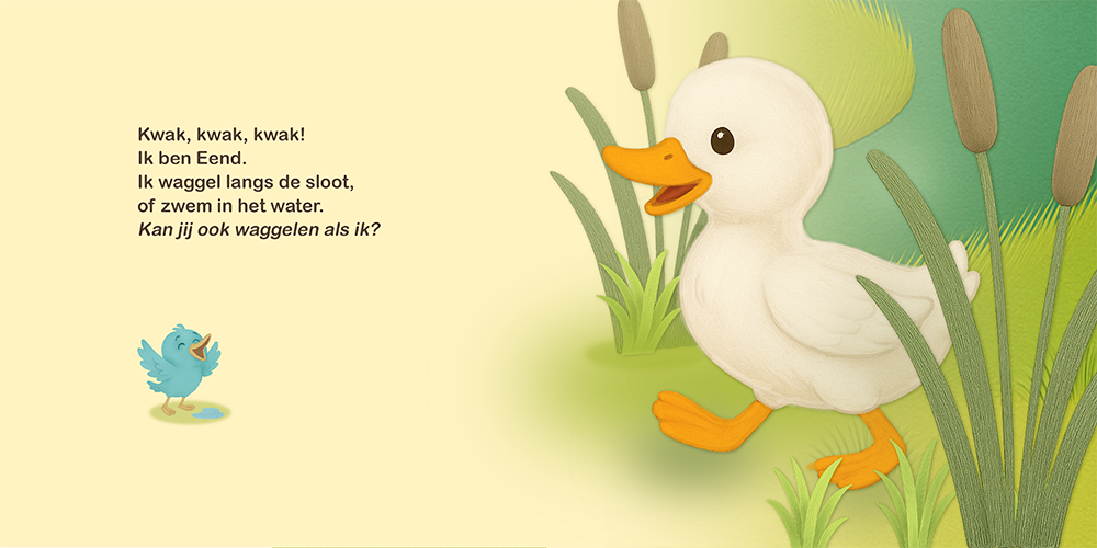 Detailpagina van kinderboek Wie hoor jij daar? met waggelende eend en speelse illustratie bij het water