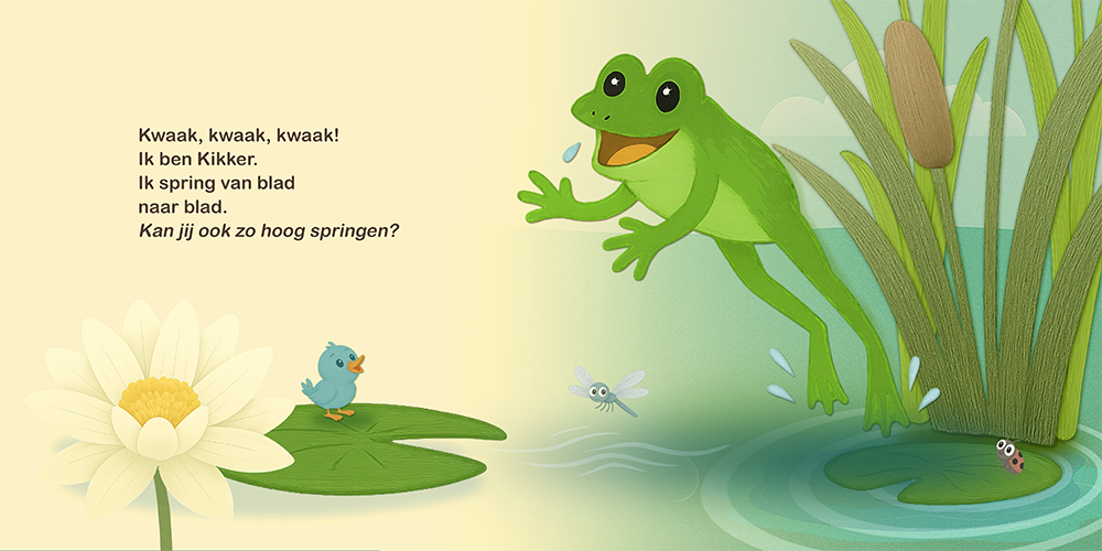 Detailpagina van kinderboek Wie hoor jij daar? met springende kikker en speelse waterillustratie