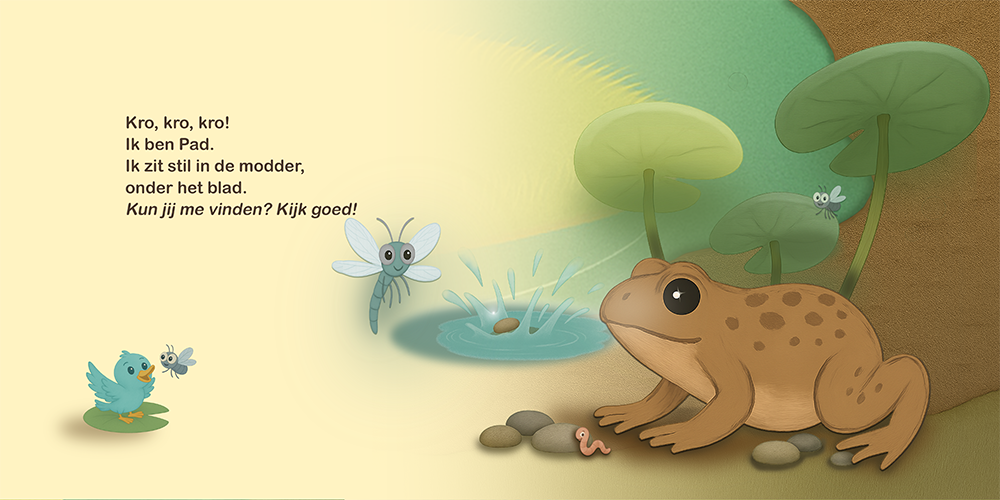 Detailpagina van kinderboek Wie hoor jij daar? met pad bij het water en speelse natuurillustratie