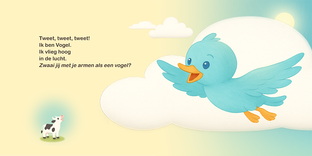 Detailpagina van kinderboek Wie hoor jij daar? met vliegende blauwe vogel en speelse wolkenillustratie