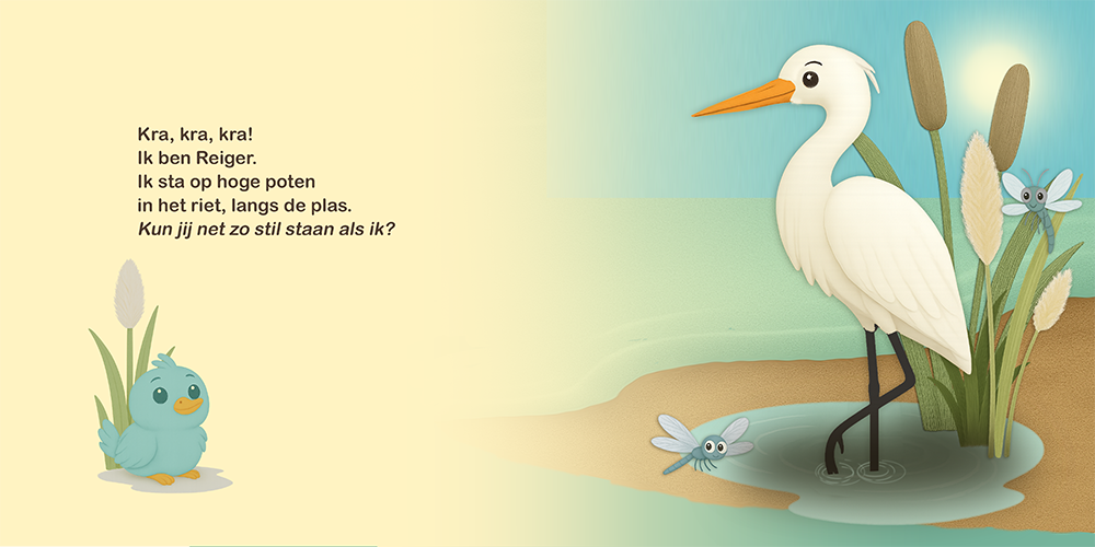 Detailpagina van kinderboek Wie hoor jij daar? met reiger aan het water en speelse natuurillustratie