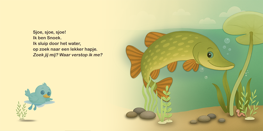 Detailpagina van kinderboek Wie hoor jij daar? met snoek onder water en speelse illustratie in zachte groentinten