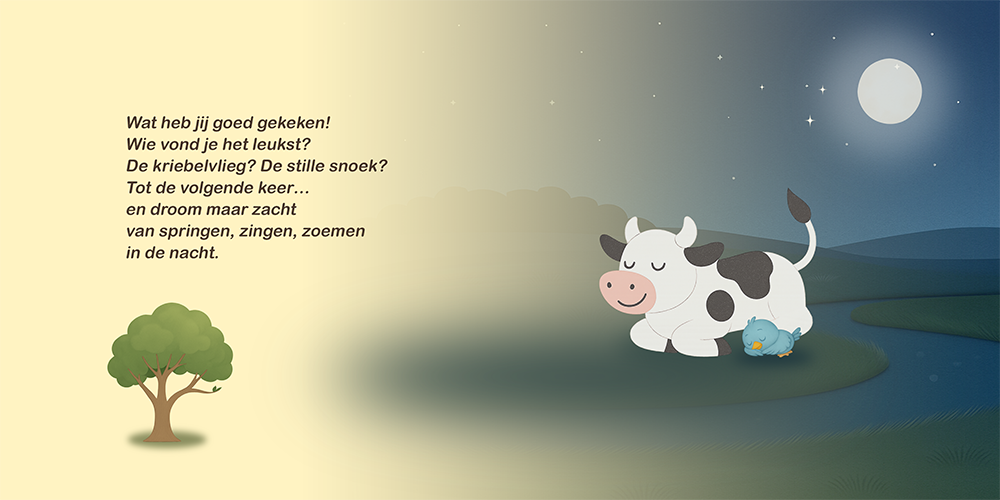 Detailpagina van kinderboek Wie hoor jij daar? met slapende koe en vogel onder de maan in nachtsfeer