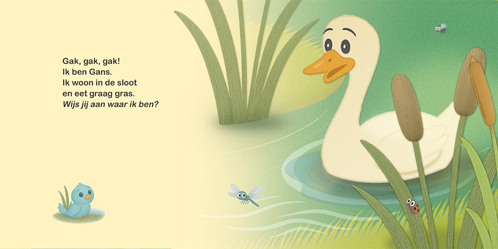 Detailpagina van kinderboek Wie hoor jij daar? met gans in het water en speelse natuurillustratie