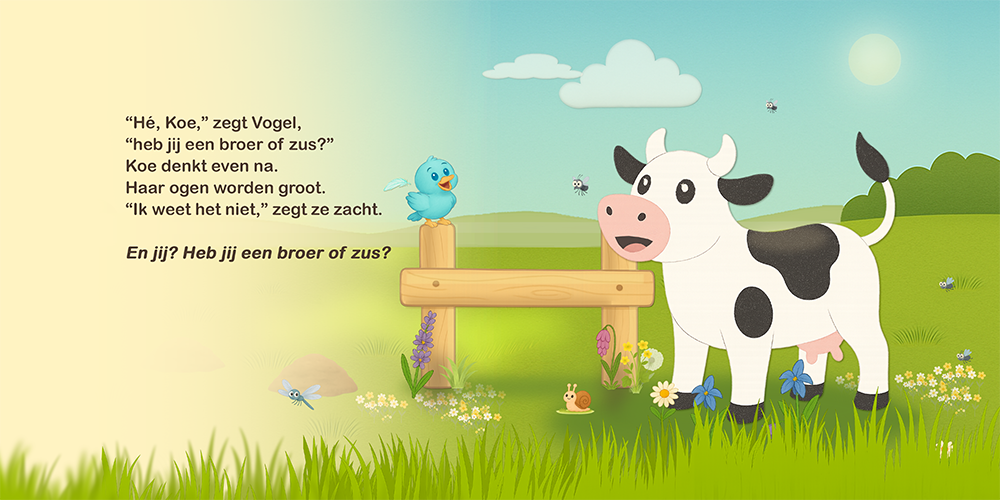 Vogeltje en Koe praten samen in een groene wei over broers en zussen