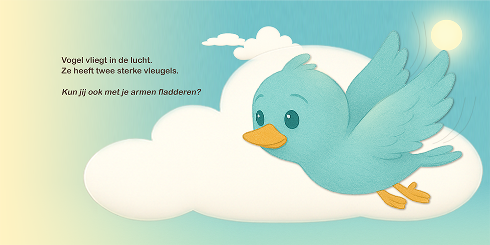 Blauw vogeltje vliegt tussen de wolken in een zonnige lucht.