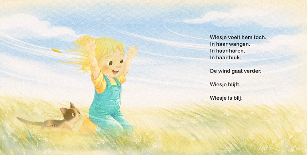 Blije Wiesje voelt de wind in haar haren en hart terwijl gras golft