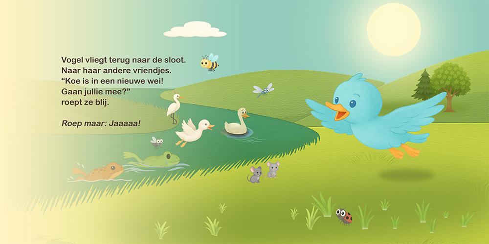 Vogeltje vliegt blij terug naar haar vrienden bij de sloot.