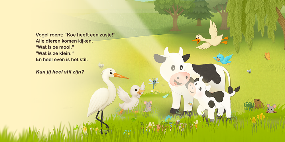 Dieren verzamelen zich rond Koe en haar zusje in de groene wei.