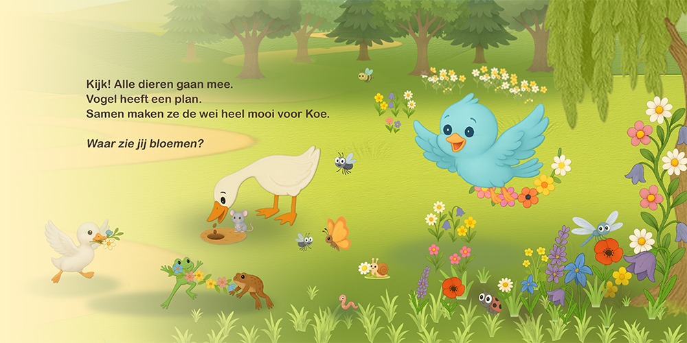 Dieren en vogeltje versieren samen de wei met bloemen voor Koe.