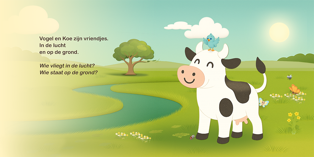 Koe en vogeltje staan vrolijk samen in de groene wei bij het water.