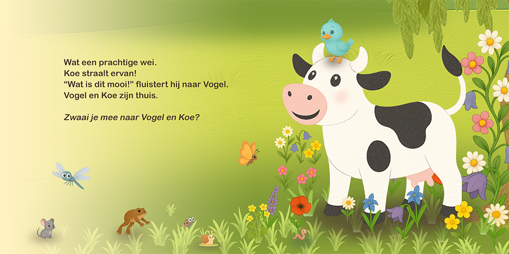 Koe en het blauwe vogeltje zijn gelukkig samen in een bloemen wei.