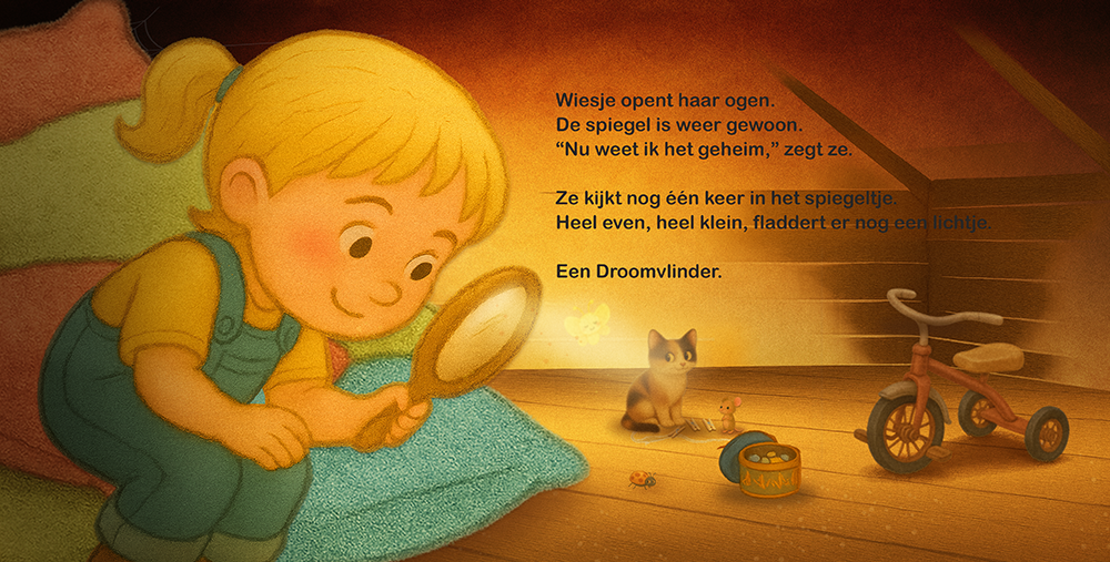 Wiesje kijkt in het spiegeltje terwijl poes en muis weer wakker zijn geworden