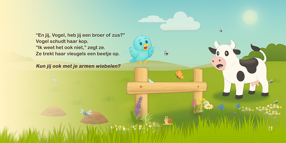 Verdrietig vogeltje vertelt Koe dat ze niet weet of ze een broer of zus heeft.