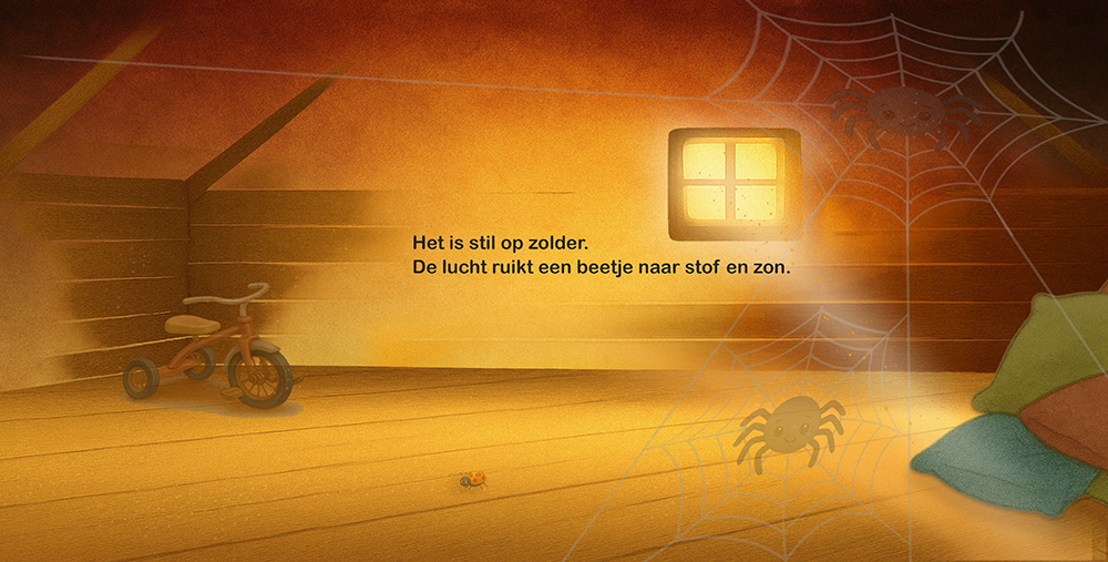 Stille zolderkamer met zonlicht, spinnenwebben en warme gouden sfeer uit prentenboek Wiesje