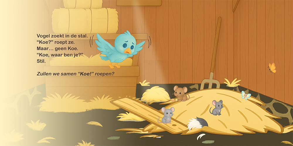 Vogeltje zoekt naar Koe in een stal vol hooi, muizen en houten balken.