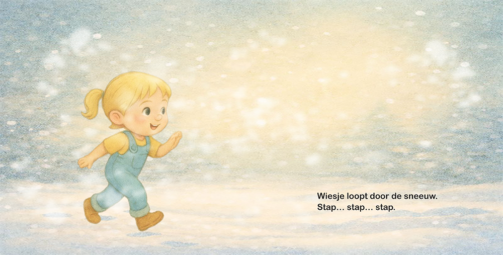 Wiesje loopt door stille zachte sneeuwvlokken in winters landschap