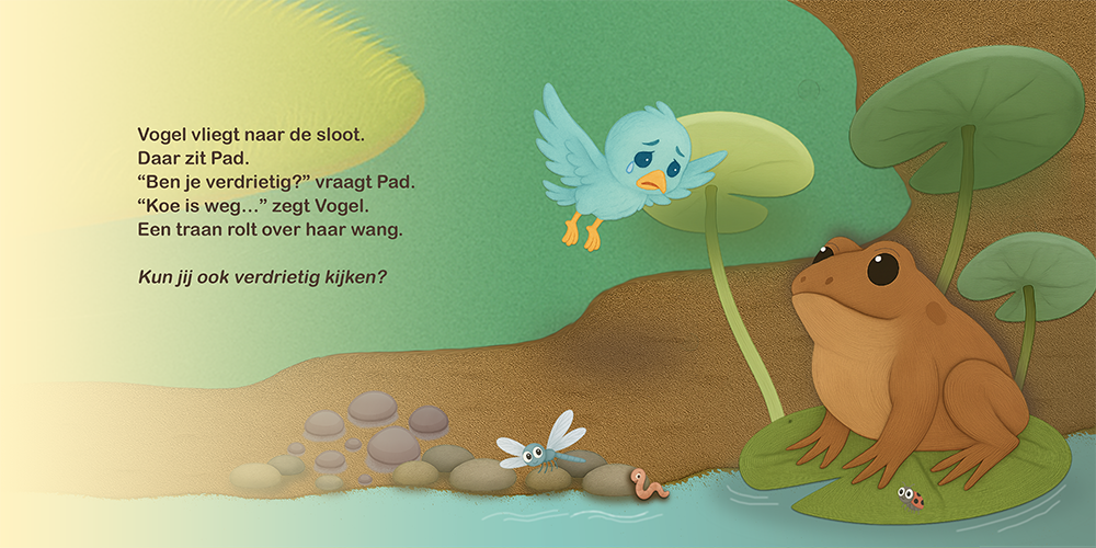 Verdrietig vogeltje praat met een pad bij een sloot met grote bladeren.