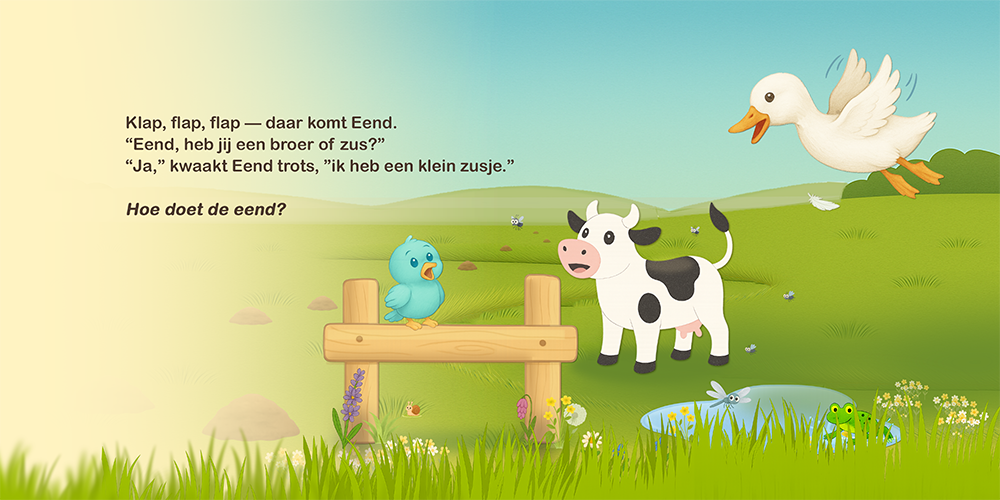 Eend vliegt over Koe en vogeltje bij een vijver in de groene wei.