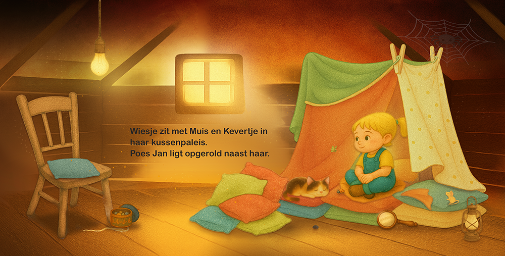 Wiesje zit in haar kussenpaleis met poes, muis en warme zoldersfeer