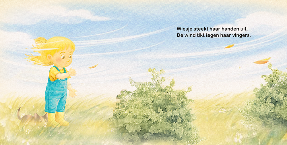 Wiesje voelt de wind tegen haar handen tussen wuivend gras