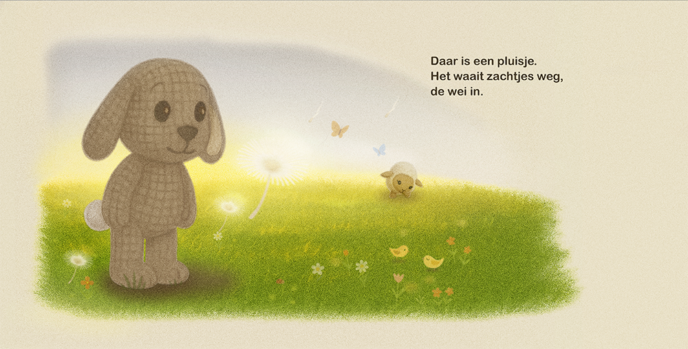 Konijntje ontdekt dwarrelend pluisje terwijl schaapje in verte graast