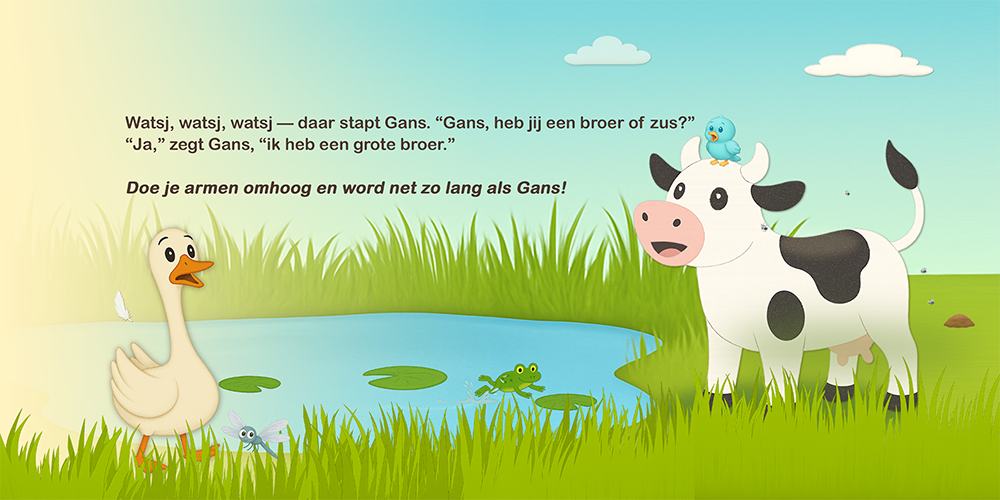 Gans praat met Koe en vogeltje bij een vijver vol waterlelies.
