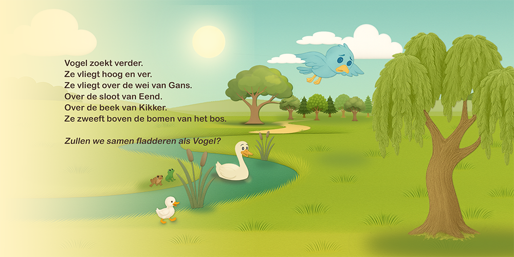 Vogeltje vliegt over een groene wei met bomen en een vijver tijdens de zoektocht.